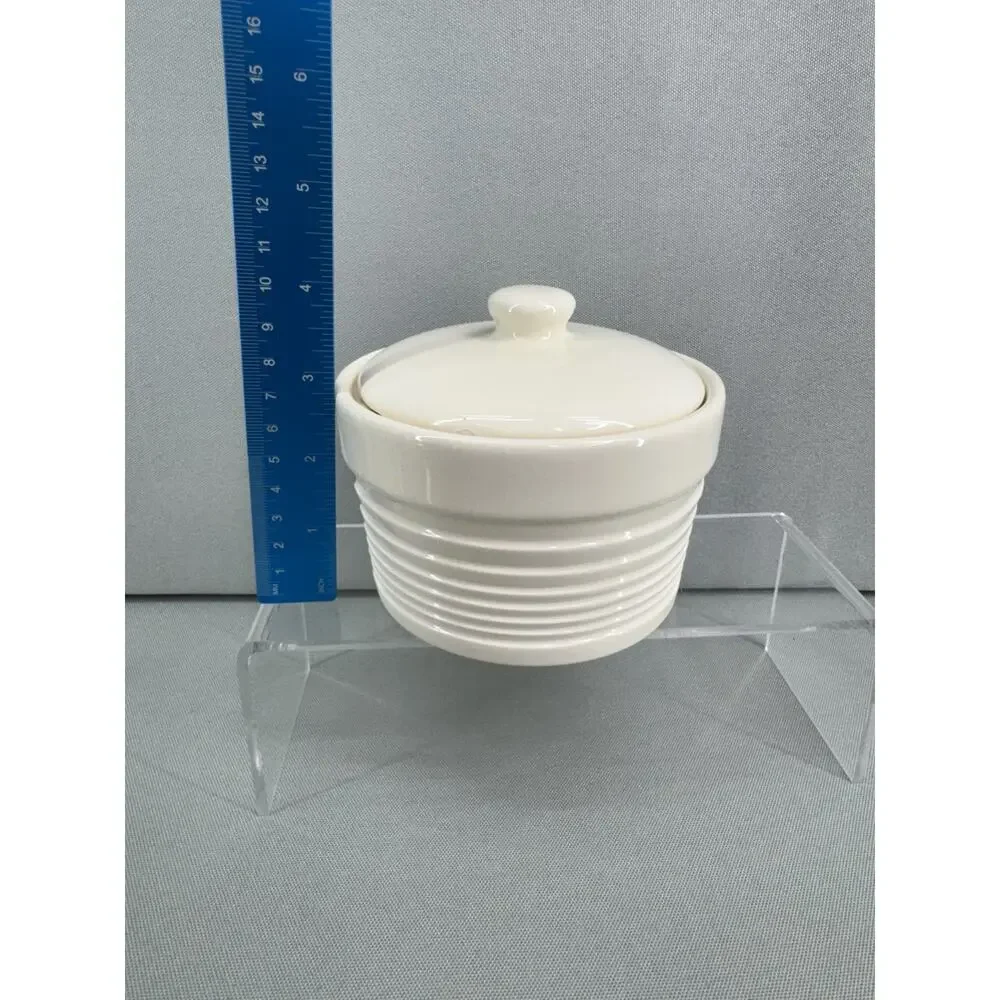 Kohls White Ceramic Salt Cellar Canister Storage Jar w/ Lid Ribbed Kitchen
